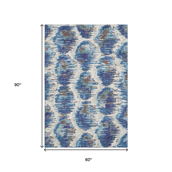 HomeRoots 5' Blue Brown Ivory Diamond Area Rug - Washable, UV Protected, Durable for Busy Family Spaces 664328
