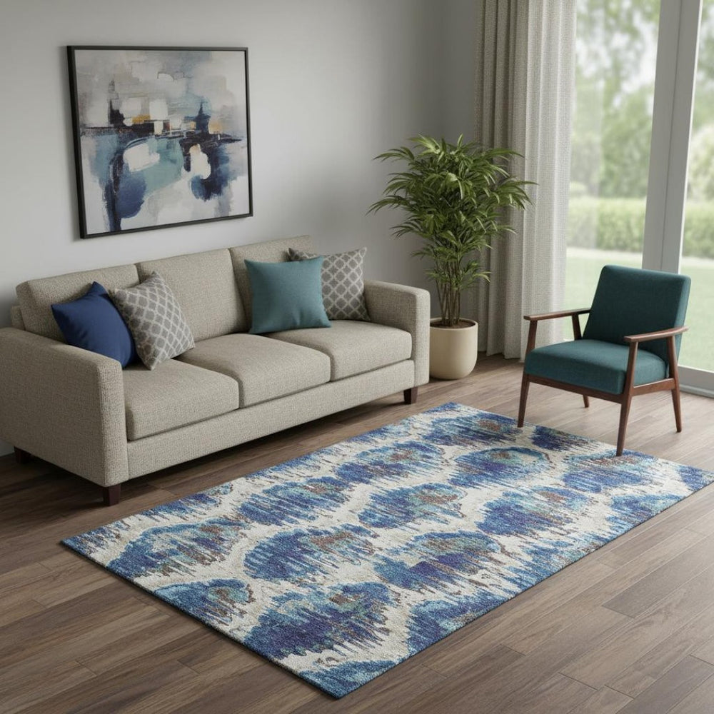 HomeRoots 5' Blue Brown Ivory Diamond Area Rug - Washable, UV Protected, Durable for Busy Family Spaces 664328