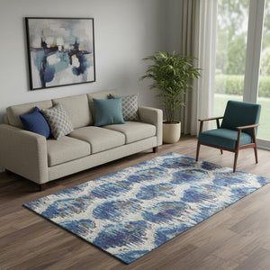 HomeRoots 5' Blue Brown Ivory Diamond Area Rug - Washable, UV Protected, Durable for Busy Family Spaces 664328