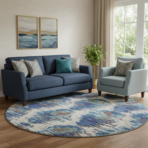 HomeRoots 8' Blue Brown Ivory Diamond Round Rug - Washable, UV Resistant, Stain-Proof for Stylish Home Decor 664329