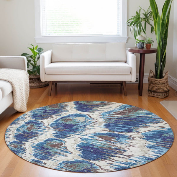 HomeRoots 8' Blue Brown Ivory Diamond Round Rug - Washable, UV Resistant, Stain-Proof for Stylish Home Decor 664329