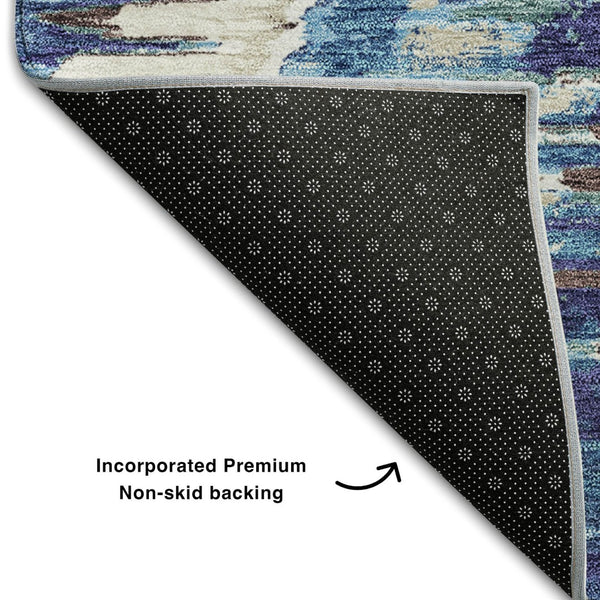 HomeRoots 8' Blue Brown Ivory Diamond Round Rug - Washable, UV Resistant, Stain-Proof for Stylish Home Decor 664329