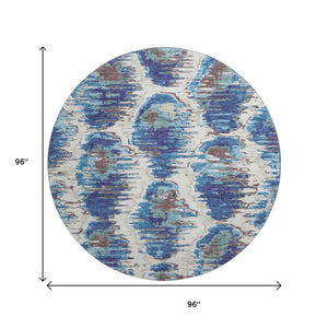 HomeRoots 8' Blue Brown Ivory Diamond Round Rug - Washable, UV Resistant, Stain-Proof for Stylish Home Decor 664329