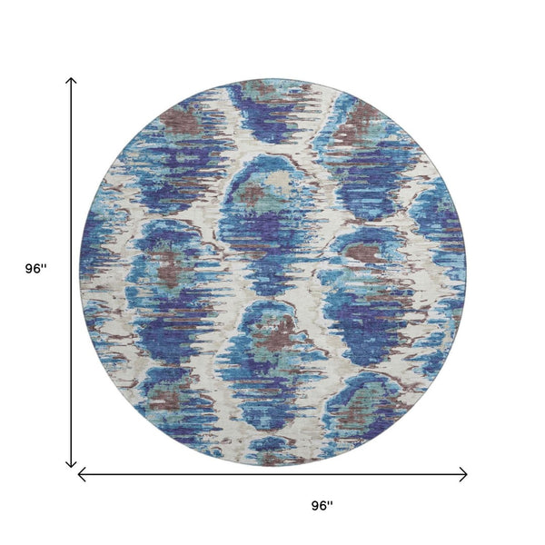 HomeRoots 8' Blue Brown Ivory Diamond Round Rug - Washable, UV Resistant, Stain-Proof for Stylish Home Decor 664329