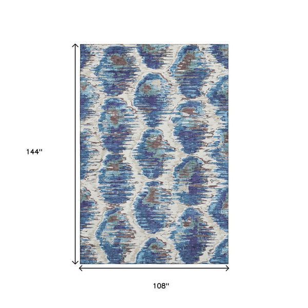 HomeRoots 9' X 12' Diamond Area Rug in Blue, Brown & Ivory - Washable, UV Resistant for High-Traffic Spaces 664331