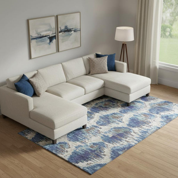 HomeRoots 9' X 12' Diamond Area Rug in Blue, Brown & Ivory - Washable, UV Resistant for High-Traffic Spaces 664331