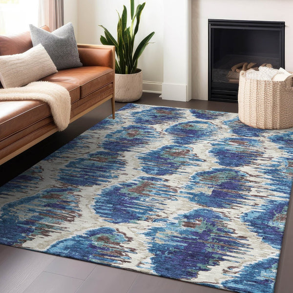 HomeRoots 10' Diamond Washable Area Rug in Blue, Brown & Ivory - UV Protected, Durable & Easy-Care Design 664332