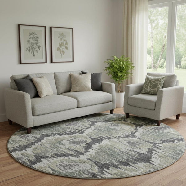HomeRoots 8' Charcoal Ivory Gray Diamond Washable Round Rug – UV Protected, Stylish, Durable for Homes 664335