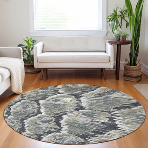 HomeRoots 8' Charcoal Ivory Gray Diamond Washable Round Rug – UV Protected, Stylish, Durable for Homes 664335