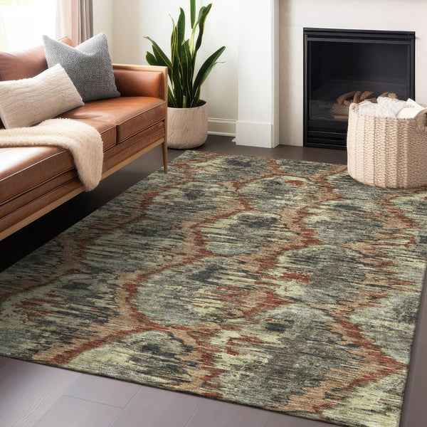HomeRoots 9' X 12' Copper Gray and Beige Diamond Area Rug – Washable, UV-Protected, Stain-Resistant Design! 664343