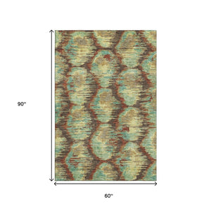 HomeRoots 5' X 8' Diamond Pattern Area Rug in Brown, Teal & Rust – Washable, UV-Protected, Stain-Resistant Design 664346