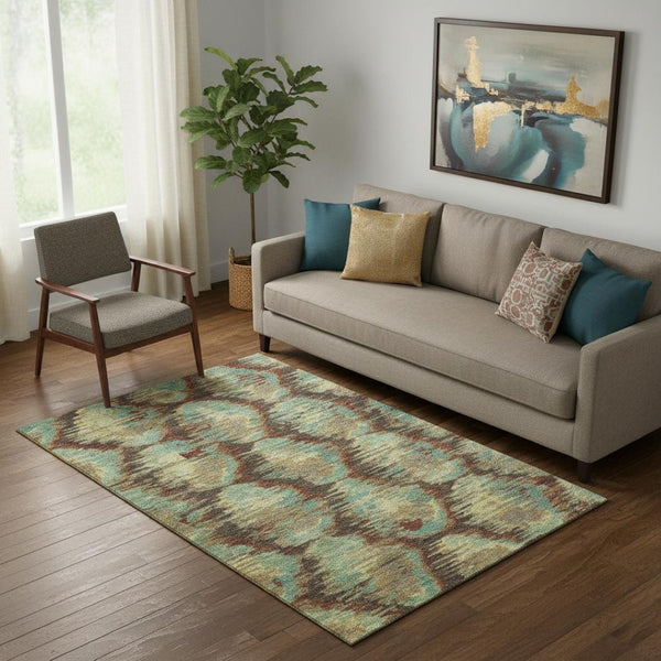HomeRoots 5' X 8' Diamond Pattern Area Rug in Brown, Teal & Rust – Washable, UV-Protected, Stain-Resistant Design 664346