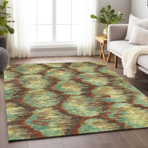 HomeRoots 5' X 8' Diamond Pattern Area Rug in Brown, Teal & Rust – Washable, UV-Protected, Stain-Resistant Design 664346