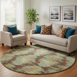 HomeRoots 8' Brown, Teal, and Rust Diamond Washable Round Rug – UV Protected, Soft, Durable, and Stylish! 664347