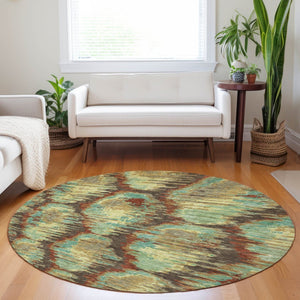 HomeRoots 8' Brown, Teal, and Rust Diamond Washable Round Rug – UV Protected, Soft, Durable, and Stylish! 664347