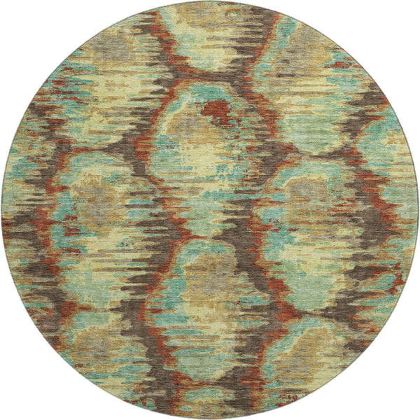 HomeRoots 8' Brown, Teal, and Rust Diamond Washable Round Rug – UV Protected, Soft, Durable, and Stylish! 664347
