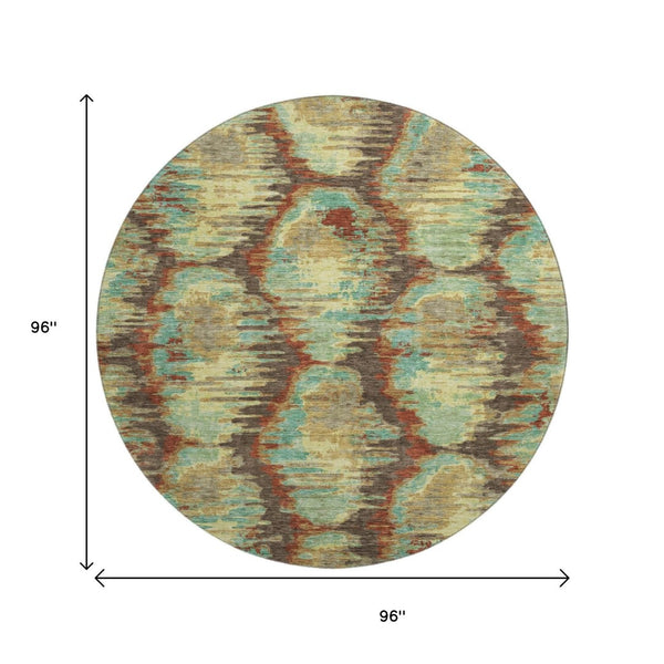 HomeRoots 8' Brown, Teal, and Rust Diamond Washable Round Rug – UV Protected, Soft, Durable, and Stylish! 664347