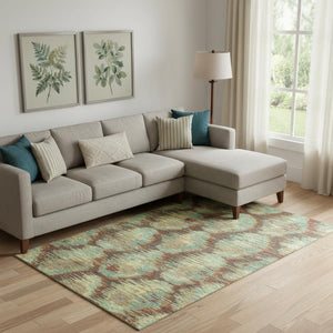 HomeRoots 8' X 10' Washable Brown Teal Rust Diamond Area Rug with UV Protection for Kid and Pet-Friendly Spaces 664348
