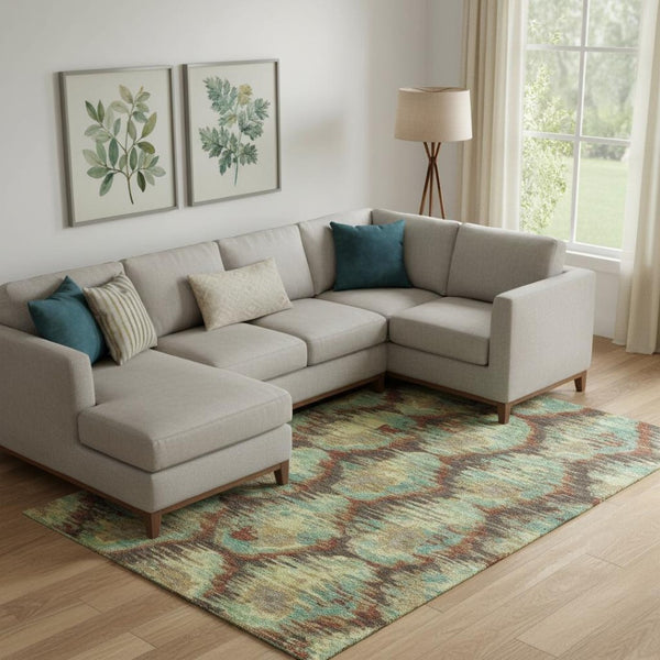 HomeRoots 9' X 12' Stylish Brown, Teal & Rust Diamond Area Rug - Washable, UV Protected, Perfect for Homes! 664349