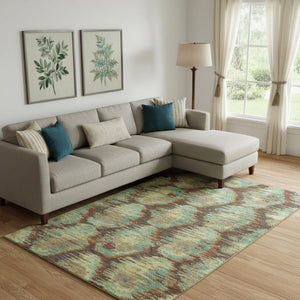 HomeRoots 10' Brown Teal & Rust Diamond Area Rug – Washable, UV Protected, Durable for High-Traffic Spaces 664350