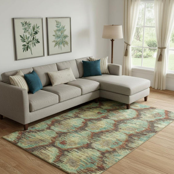 HomeRoots 10' Brown Teal & Rust Diamond Area Rug – Washable, UV Protected, Durable for High-Traffic Spaces 664350