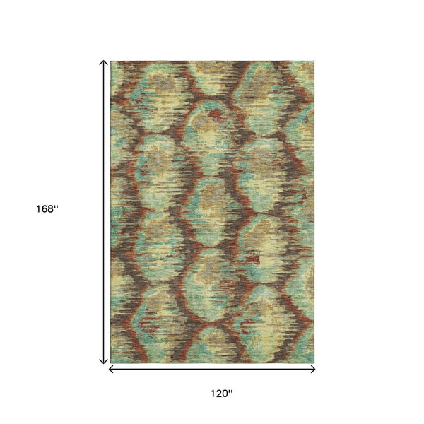 HomeRoots 10' Brown Teal & Rust Diamond Area Rug – Washable, UV Protected, Durable for High-Traffic Spaces 664350