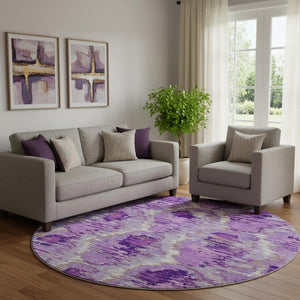 HomeRoots 8' Lavender Ivory and Taupe Diamond Round Rug - Washable, UV-Protected, Family-Friendly Design 664365