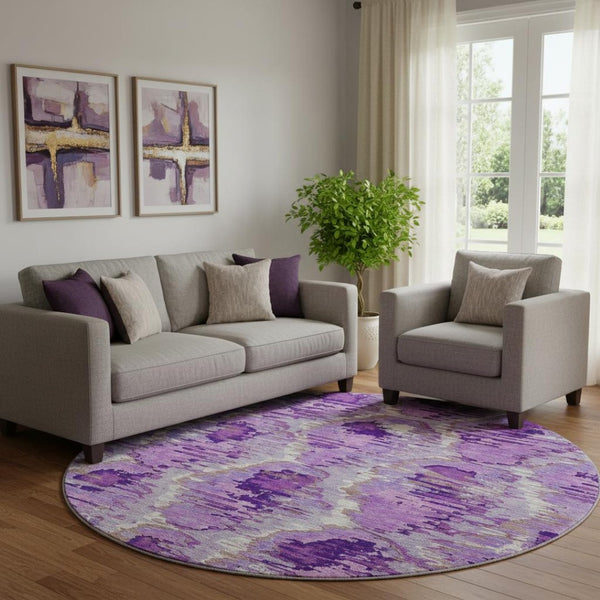 HomeRoots 8' Lavender Ivory and Taupe Diamond Round Rug - Washable, UV-Protected, Family-Friendly Design 664365