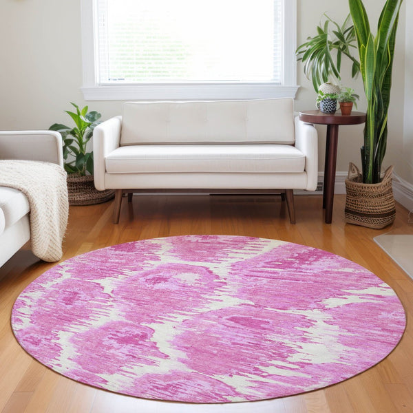 HomeRoots 8' Pink and Ivory Diamond Washable Round Rug - UV Protected, Stain Resistant, Perfect for Homes 664377