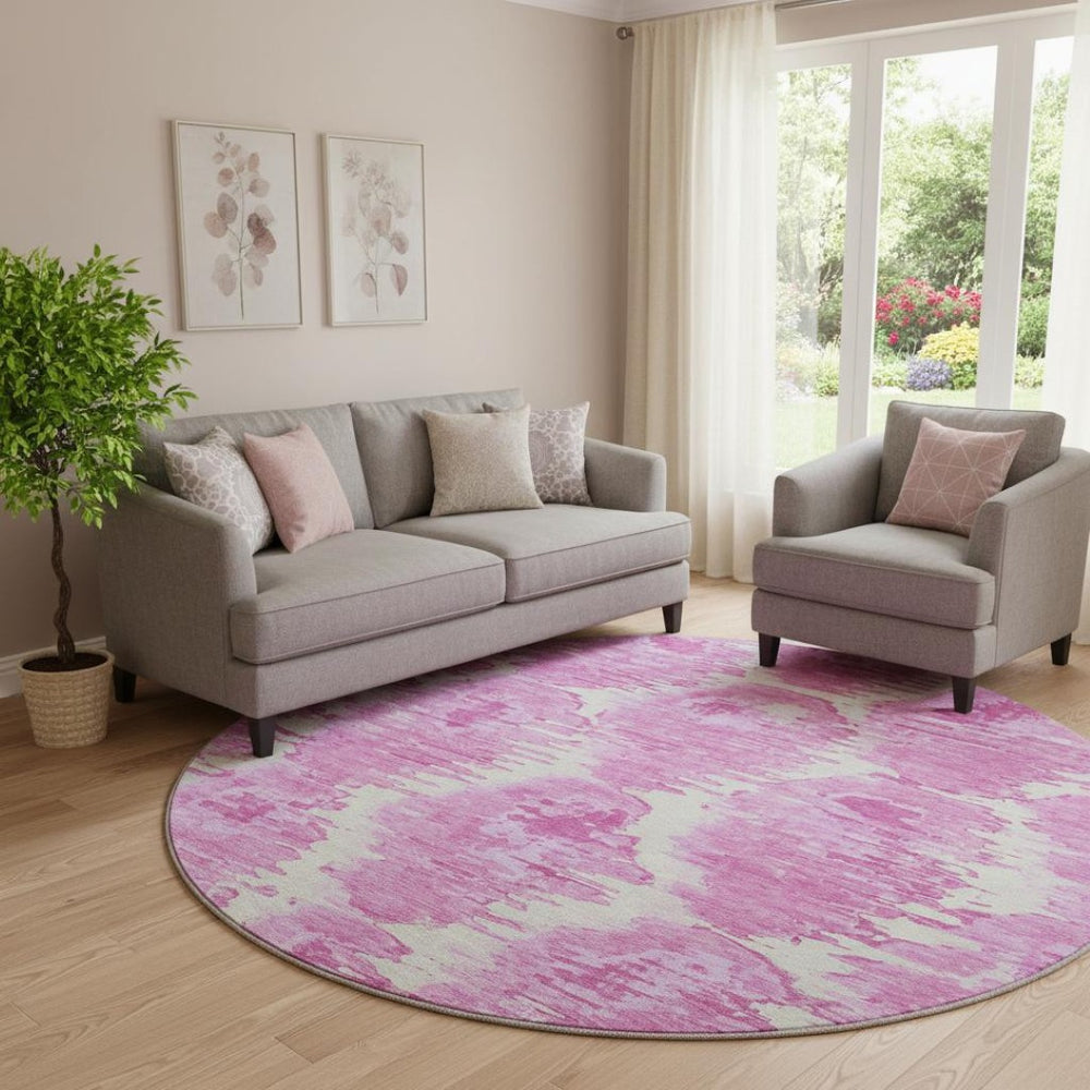 HomeRoots 8' Pink and Ivory Diamond Washable Round Rug - UV Protected, Stain Resistant, Perfect for Homes 664377