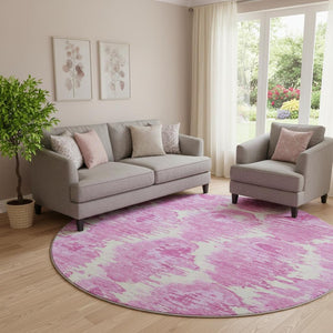 HomeRoots 8' Pink and Ivory Diamond Washable Round Rug - UV Protected, Stain Resistant, Perfect for Homes 664377