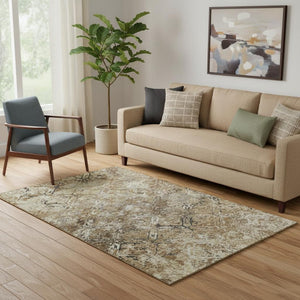 HomeRoots 5' X 8' Beige Gray Brown Diamond Washable Area Rug with Stain Resistance & UV Protection Features 664388