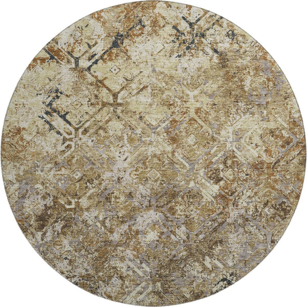 HomeRoots 8' Beige Gray & Brown Diamond Pattern Washable Round Rug - UV Protected for Homes with Kids & Pets 664389