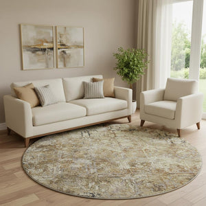 HomeRoots 8' Beige Gray & Brown Diamond Pattern Washable Round Rug - UV Protected for Homes with Kids & Pets 664389