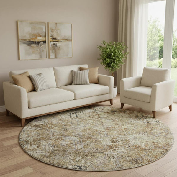 HomeRoots 8' Beige Gray & Brown Diamond Pattern Washable Round Rug - UV Protected for Homes with Kids & Pets 664389