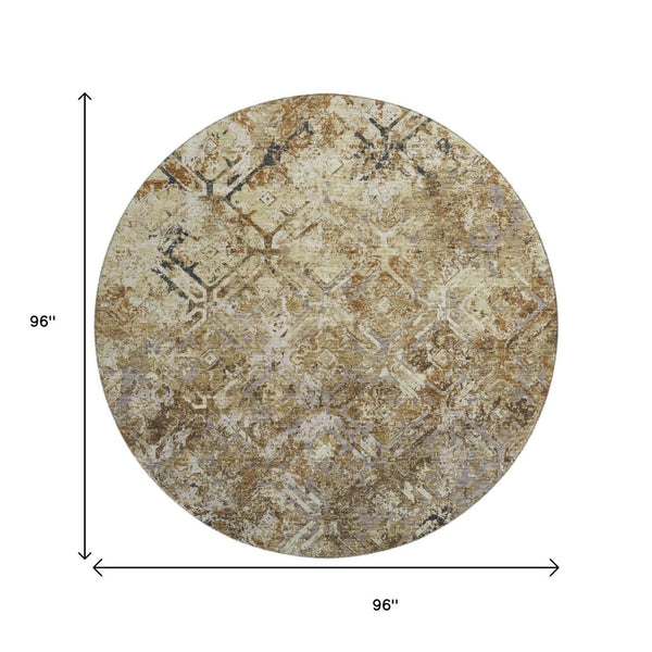 HomeRoots 8' Beige Gray & Brown Diamond Pattern Washable Round Rug - UV Protected for Homes with Kids & Pets 664389
