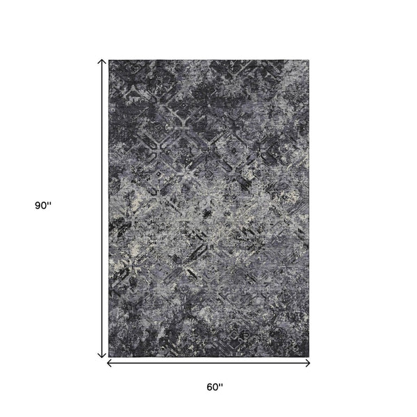 HomeRoots 5' X 8' Diamond Pattern Washable Area Rug in Black, Gray & Silver - Durable UV Protected Style 664394