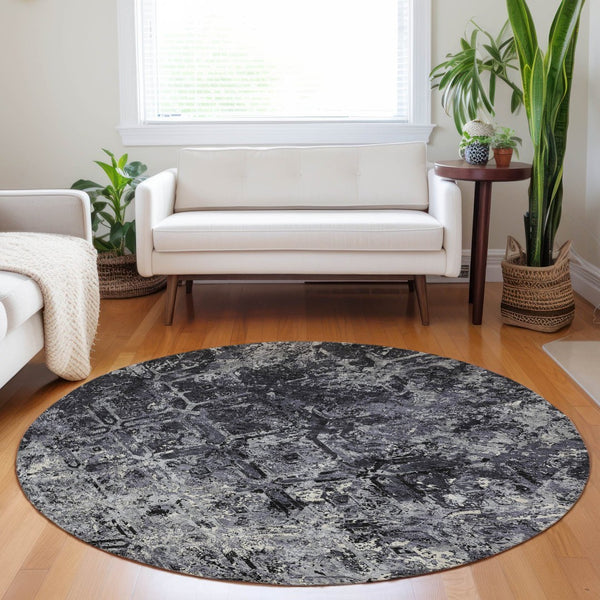 HomeRoots 8' Washable Round Rug in Black, Gray & Silver - Durable Diamond Design with UV Protection for Homes 664395