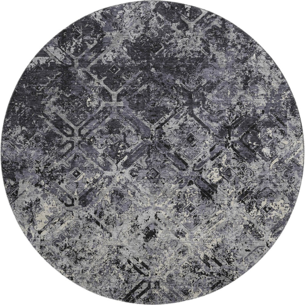 HomeRoots 8' Washable Round Rug in Black, Gray & Silver - Durable Diamond Design with UV Protection for Homes 664395