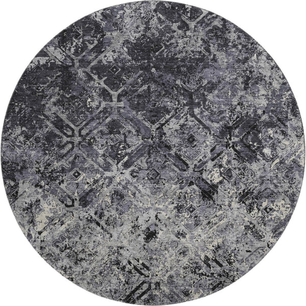 HomeRoots 8' Washable Round Rug in Black, Gray & Silver - Durable Diamond Design with UV Protection for Homes 664395