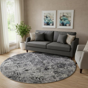 HomeRoots 8' Washable Round Rug in Black, Gray & Silver - Durable Diamond Design with UV Protection for Homes 664395