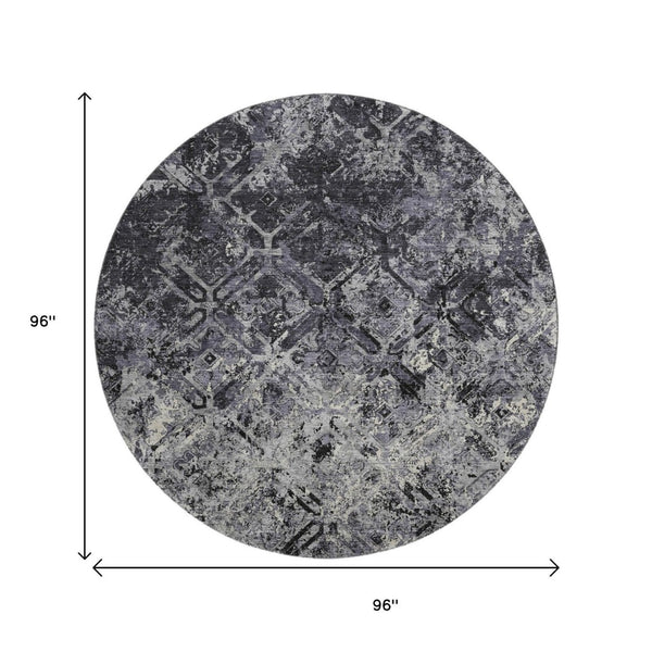 HomeRoots 8' Washable Round Rug in Black, Gray & Silver - Durable Diamond Design with UV Protection for Homes 664395