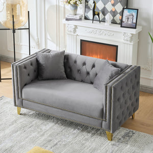 English Elm 58"Chesterfield Velvet Sofa Elegant Tufted 2-Seater Deep Seat with Nailhead Trim Solid Wood Frame Grey W3373S00029