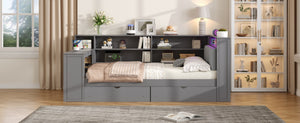 English Elm Wood Full Platform Bed with Led Headboard Built-in Desk Charging Station and Storage Shelves Grey N7090001047E-1