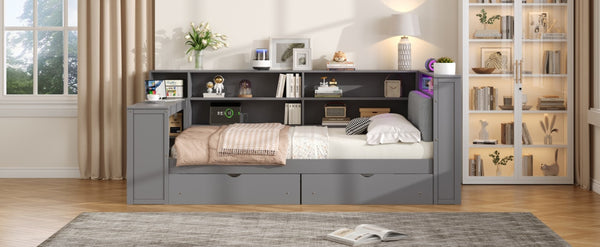 English Elm Wood Full Platform Bed with Led Headboard Built-in Desk Charging Station and Storage Shelves Grey N7090001047E-1