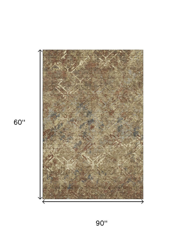 HomeRoots 5' X 8' Stylish Brown Beige & Copper Diamond Washable Area Rug with UV Protection for Every Space 664400