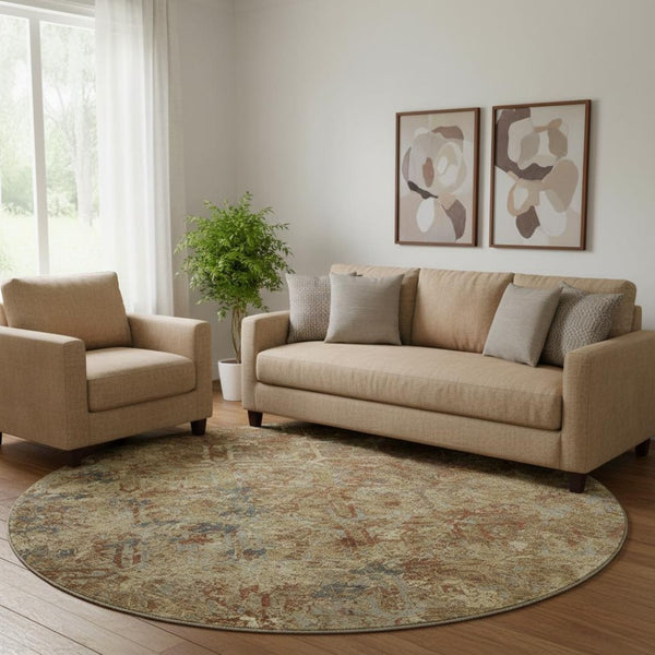 HomeRoots 8' Brown Beige and Copper Diamond Area Rug - Washable, UV-Protected, Durable for Homes with Kids & Pets 664401