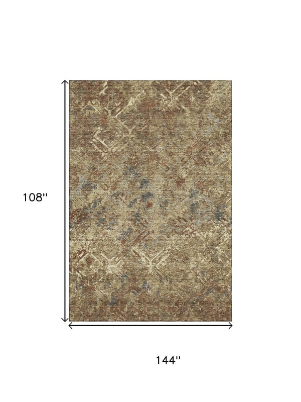 HomeRoots 9' X 12' Stylish Brown Beige Copper Diamond Washable Area Rug with UV Protection for Homes 664403