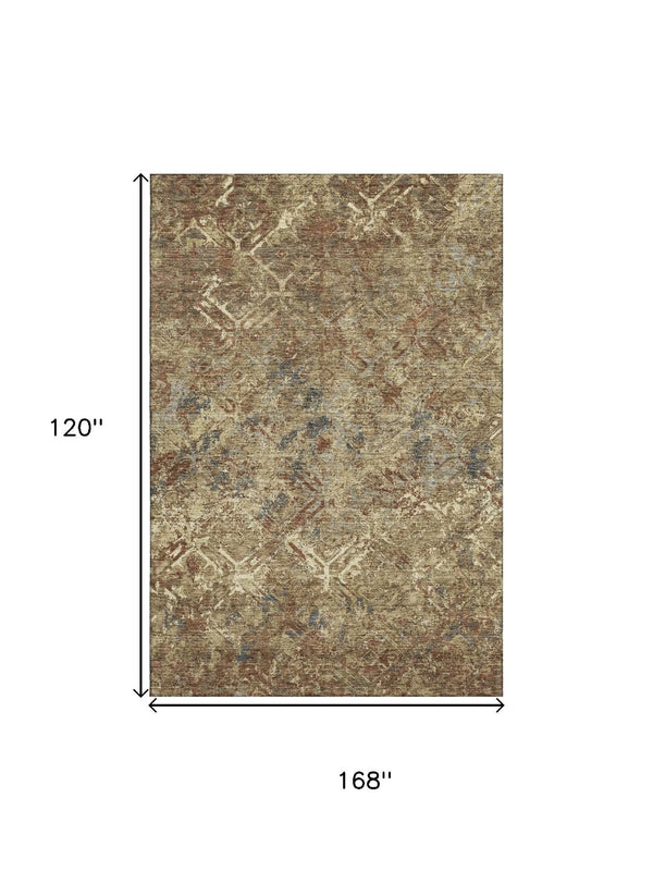 HomeRoots 10' Washable Area Rug in Brown, Beige & Copper Diamond - UV Protected, Stain Resistant, Perfect for Families 664404