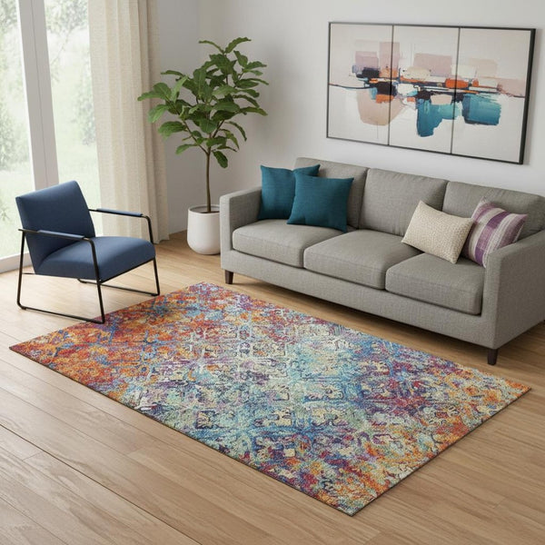 HomeRoots 5' Copper Blue and Red Diamond Area Rug - Washable, UV-Protected, Durable for Homes with Kids & Pets 664406